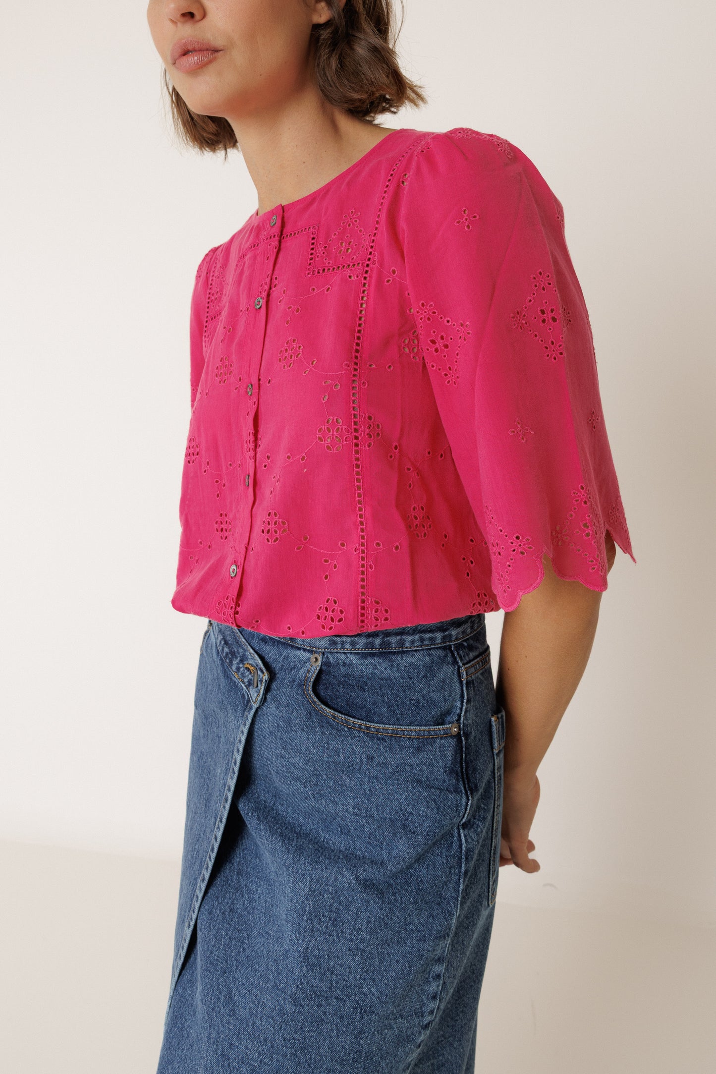 Fuchsia Broderie Button Blouse