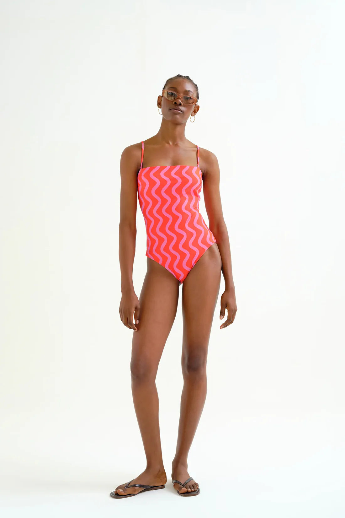 Swimsuit with Straight Neckline, Wave Red &amp; Pink Print