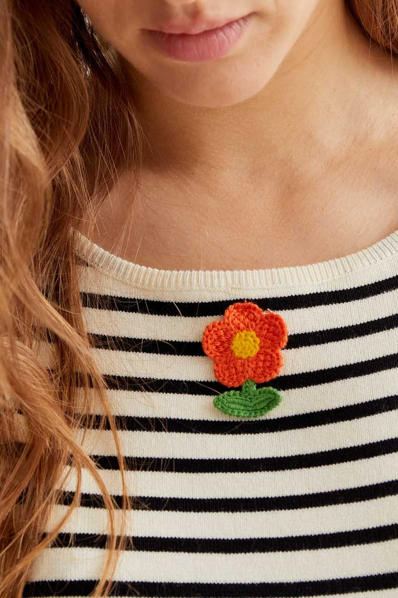 Black and White Striped Top with Flower Embroidery