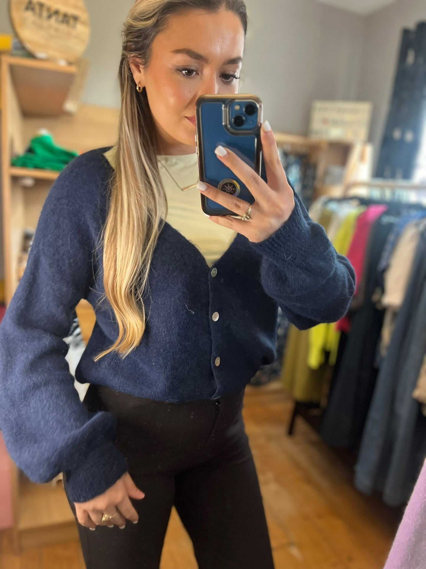 Navy V Neck Superfine Alpaca and Wool Cardigan