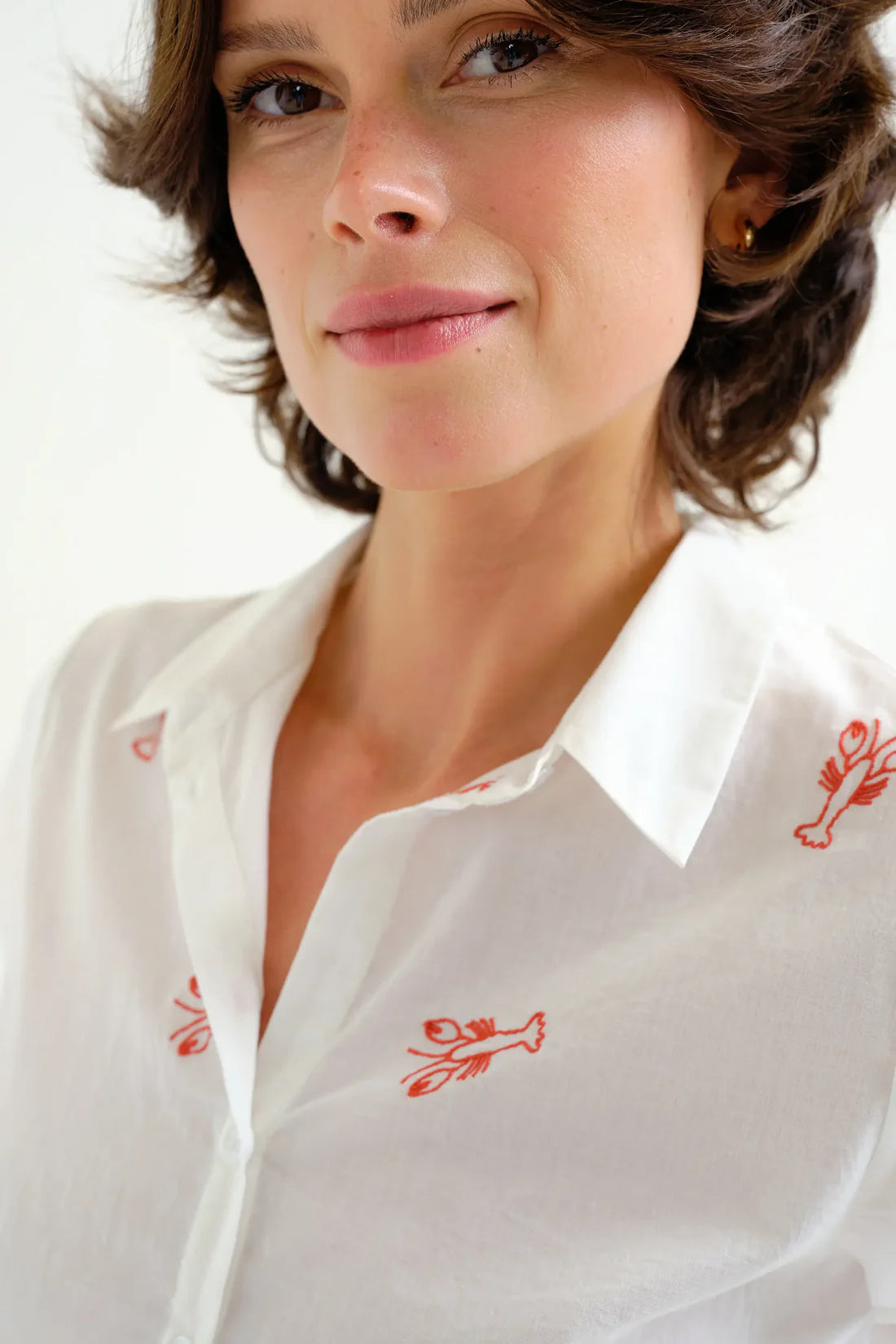 Shirt with Red Lobster Embroidery