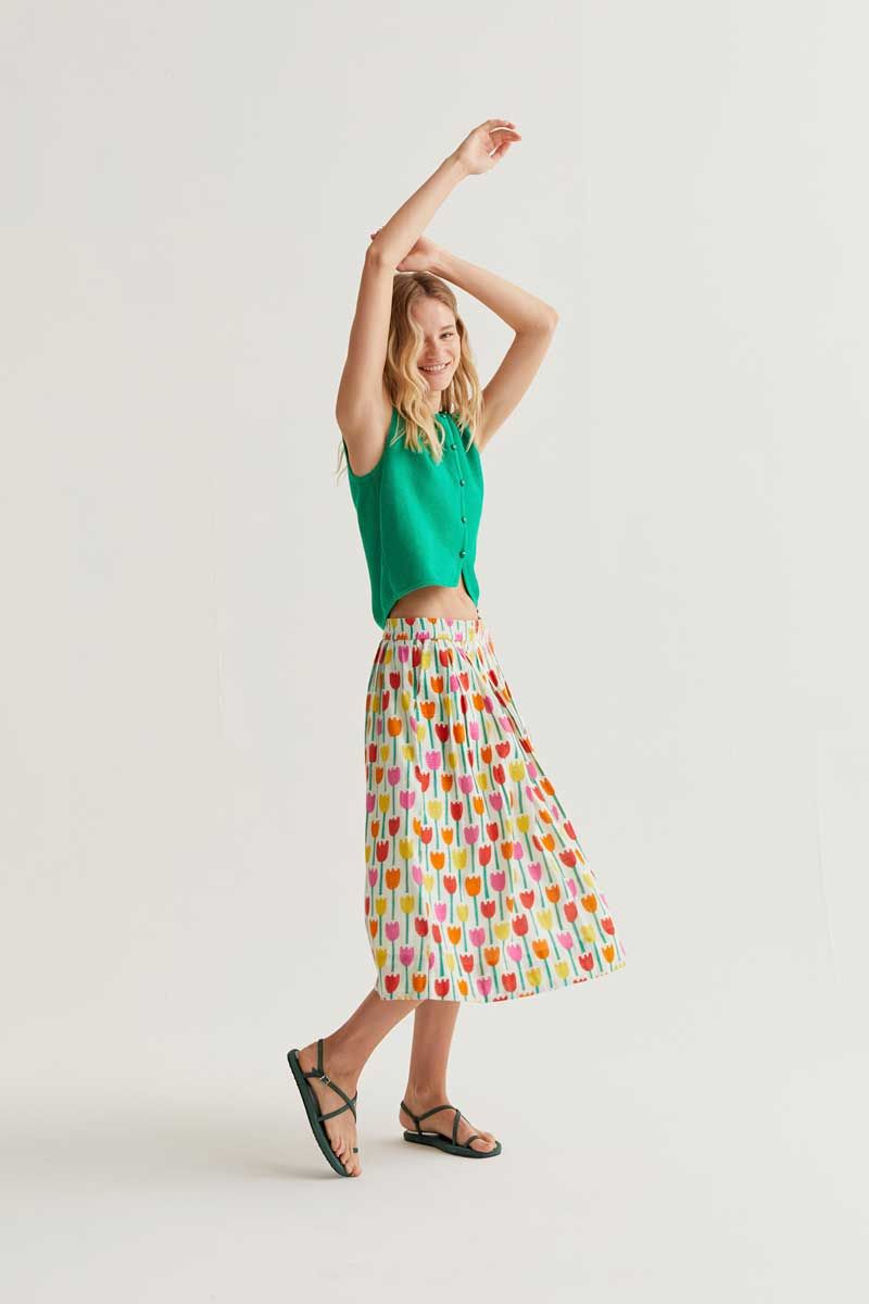 Tulip Print Midi Skirt