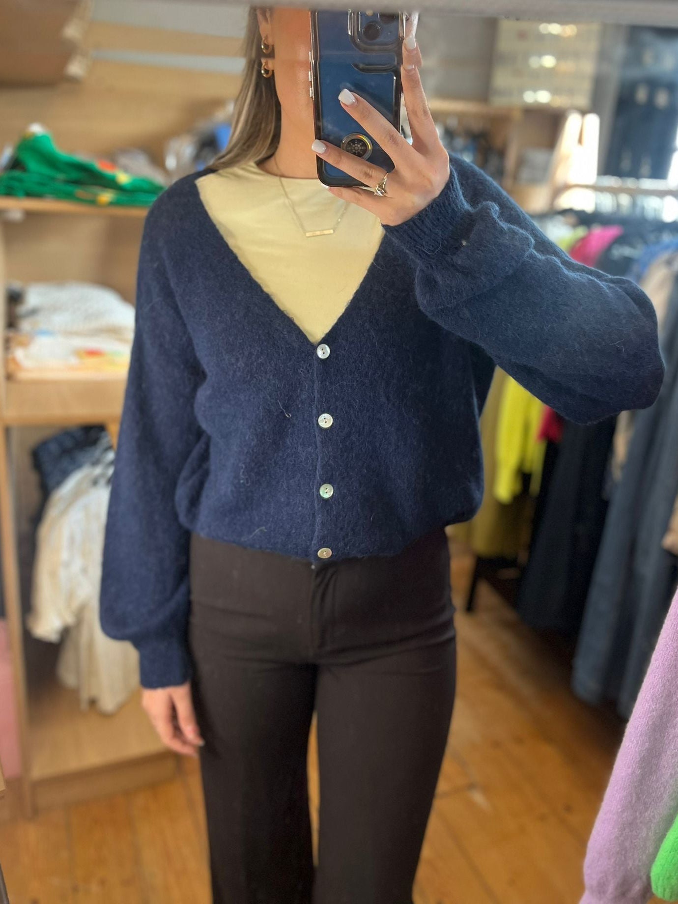 Navy V Neck Superfine Alpaca and Wool Cardigan